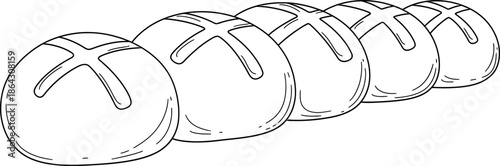 Handdrawn line art illustration of five delicious fresh baked rustic bread rolls with cross markings in a neat row