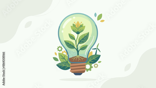 Eco innovation concept. Lightbulb with growing plant. Green energy idea. Sustainable development. Renewable power. Wind turbine and gear. Environmental protection. Ecology vector.