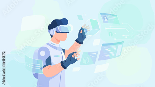 Man wearing VR headset touching virtual interface. Virtual reality experience concept. Flat vector illustration. Metaverse technology. Cyberspace simulation. Augmented reality gaming.