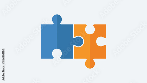 Two puzzle pieces connecting perfectly. Business teamwork collaboration concept. Solution problem solving symbol. Compatibility match partnership. Strategy logic. Jigsaw union join.