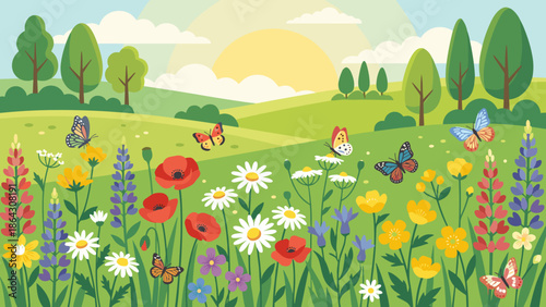 Spring meadow landscape background. Summer nature scene with colorful wildflowers butterflies. Green grass field. Flat vector illustration. Sunny rural countryside pasture view.