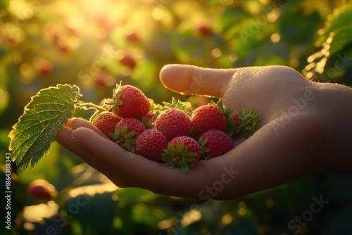 Handful of Freshly Picked Raspberries in Golden Sunlight.