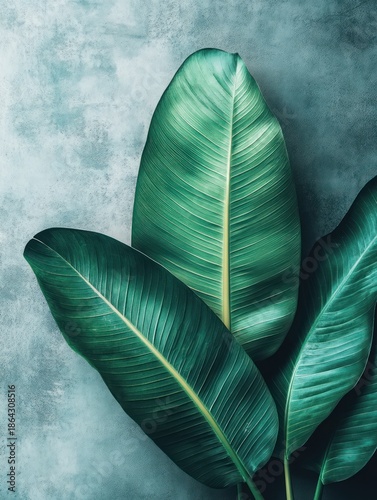 Lush Green Leaves Against a Textured Gray Background - A Study in Nature.