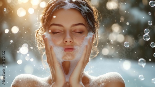 Radiant woman washing face with cleanser, surrounded by bubbles.