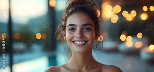 Radiant woman with a bright smile in a festive setting.