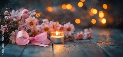 Romantic floral arrangement with candle and pink ribbon on wood.