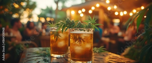 Refreshing Cocktails at a Lively Outdoor Gathering with Festive Lights.
