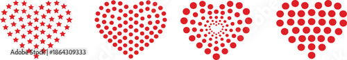 Red heart shapes made of stars and dots set isolated on white background, decorative love symbols for Valentine’s Day design