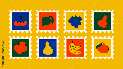 Vintage-style fruit postage stamps with bright cartoon fruits. Playful retro design for posters, stickers, and prints.