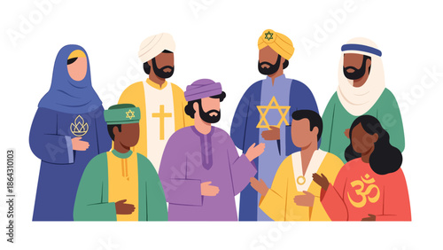 Flat vector illustration of a diverse group of people representing different religions, cultures, and backgrounds standing together, symbolizing inclusion, tolerance, and peaceful coexistence