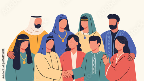 Flat vector illustration of a diverse group of people representing different religions, cultures, and backgrounds standing together, symbolizing inclusion, tolerance, and peaceful coexistence