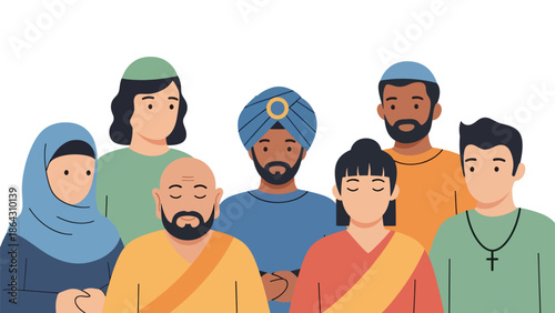 Flat vector illustration of a diverse group of people representing different religions, cultures, and backgrounds standing together, symbolizing inclusion, tolerance, and peaceful coexistence