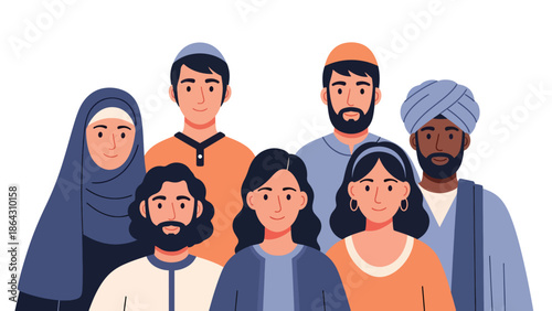 Flat vector illustration of a diverse group of people representing different religions, cultures, and backgrounds standing together, symbolizing inclusion, tolerance, and peaceful coexistence