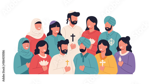 Flat vector illustration of a diverse group of people representing different religions, cultures, and backgrounds standing together, symbolizing inclusion, tolerance, and peaceful coexistence