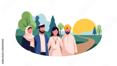 Flat vector illustration of people from different religions walking together toward sunrise, symbolizing hope, peace, coexistence, and a shared future built on tolerance and respect