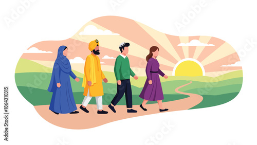 Flat vector illustration of people from different religions walking together toward sunrise, symbolizing hope, peace, coexistence, and a shared future built on tolerance and respect
