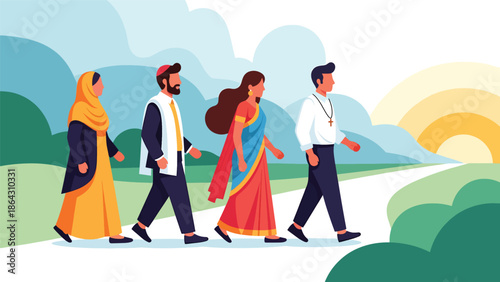 Flat vector illustration of people from different religions walking together toward sunrise, symbolizing hope, peace, coexistence, and a shared future built on tolerance and respect