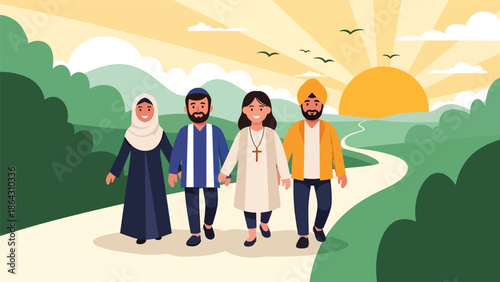 Flat vector illustration of people from different religions walking together toward sunrise, symbolizing hope, peace, coexistence, and a shared future built on tolerance and respect