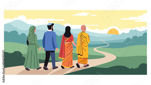 Flat vector illustration of people from different religions walking together toward sunrise, symbolizing hope, peace, coexistence, and a shared future built on tolerance and respect