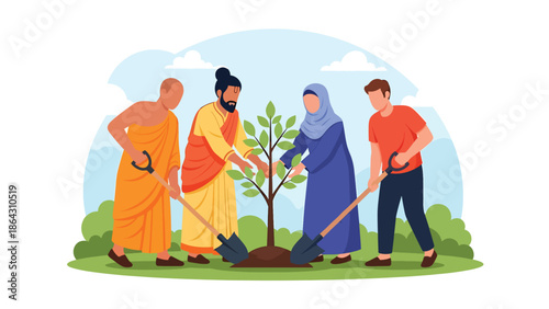 Flat vector illustration of diverse people planting tree together in park, symbolizing peace, cooperation, sustainability, and religious diversity working toward shared future