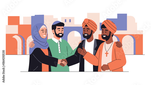 Flat vector illustration of diverse people celebrating peace together in open plaza, symbolizing harmony, tolerance, and religious diversity in shared public spaces