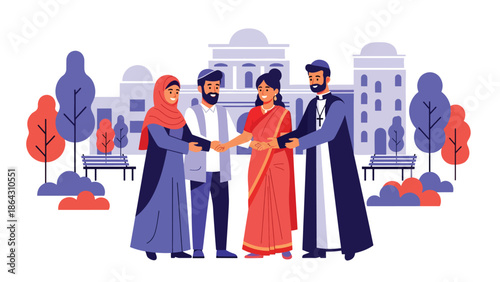 Flat vector illustration of diverse people celebrating peace together in open plaza, symbolizing harmony, tolerance, and religious diversity in shared public spaces