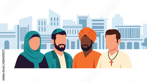 Flat vector illustration of diverse people celebrating peace together in open plaza, symbolizing harmony, tolerance, and religious diversity in shared public spaces