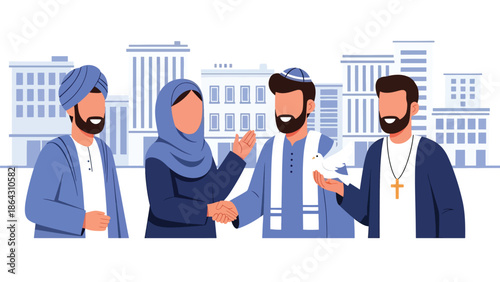 Flat vector illustration of diverse people celebrating peace together in open plaza, symbolizing harmony, tolerance, and religious diversity in shared public spaces