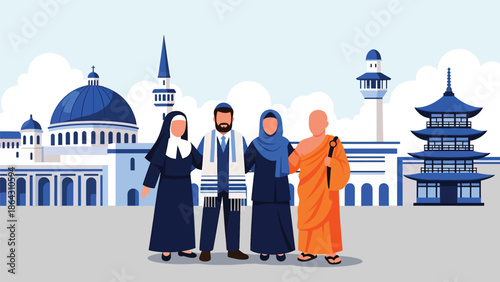 Flat vector illustration of diverse people celebrating peace together in open plaza, symbolizing harmony, tolerance, and religious diversity in shared public spaces
