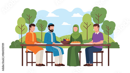 Flat vector illustration of diverse people sharing meal outdoors, representing peace, friendship, religious diversity, and unity through everyday human connection