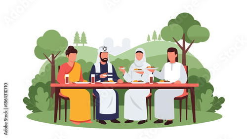 Flat vector illustration of diverse people sharing meal outdoors, representing peace, friendship, religious diversity, and unity through everyday human connection