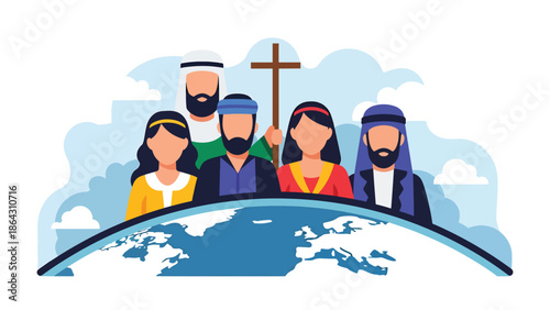 Flat vector illustration of diverse people standing across curved globe horizon, symbolizing shared earth, peace, religious diversity, and global unity