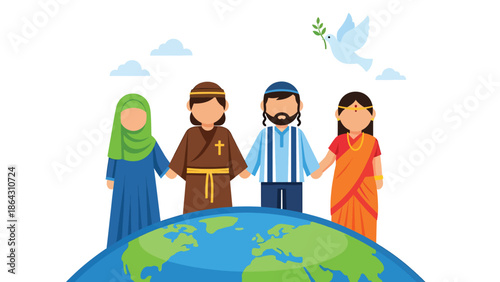 Flat vector illustration of diverse people standing across curved globe horizon, symbolizing shared earth, peace, religious diversity, and global unity