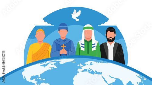 Flat vector illustration of diverse people standing across curved globe horizon, symbolizing shared earth, peace, religious diversity, and global unity
