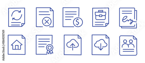 Business contract and legal agreement document line icons. Set includes NDA, digital signature, compliance, license, insurance, payment terms and upload-download paper vector illustration.