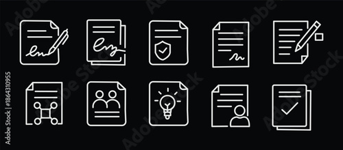Business contract and legal agreement document line icons. Set includes NDA, digital signature, compliance, license, insurance, payment terms and upload-download paper vector illustration.