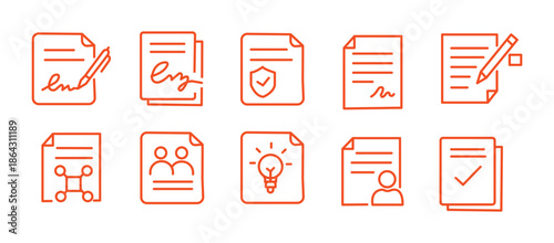 Business contract and legal agreement document line icons. Set includes NDA, digital signature, compliance, license, insurance, payment terms and upload-download paper vector illustration.