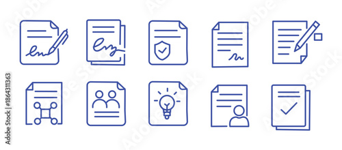 Business contract and legal agreement document line icons. Set includes NDA, digital signature, compliance, license, insurance, payment terms and upload-download paper vector illustration.