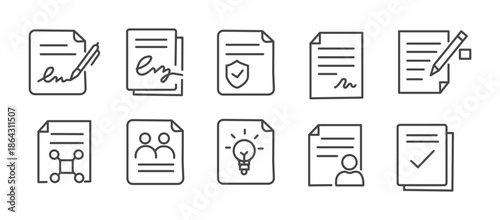 Business contract and legal agreement document line icons. Set includes NDA, digital signature, compliance, license, insurance, payment terms and upload-download paper vector illustration.
