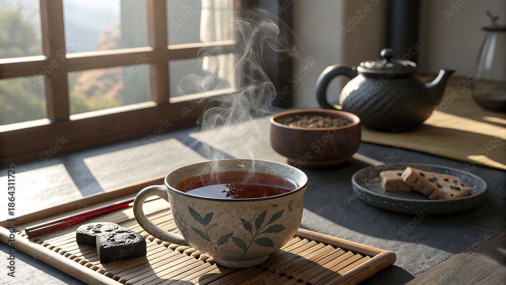 Fototapeta premium A serene tea setting with a steaming cup on a bamboo tray