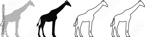 Diverse representations of a giraffe, from silhouette to outline, showcasing different visual styles