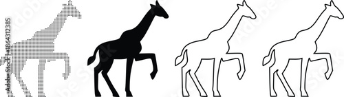 Four stylized giraffes in silhouette and outline, showcasing different graphic representations