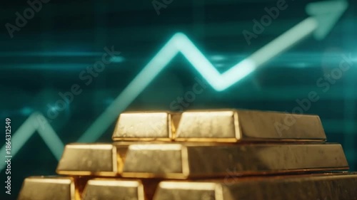 Stack of Gold Bars with Rising Green Financial Arrow Graph Representing Wealth Investment Success and Growth.	