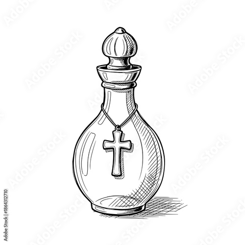 Holy water bottle with cross in line art style for Theophany Orthodox ritual visuals