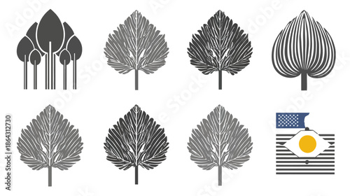 Monochrome vector illustrations set featuring stylized trees, detailed leaves with intricate patterns, and abstract graphic design elements.