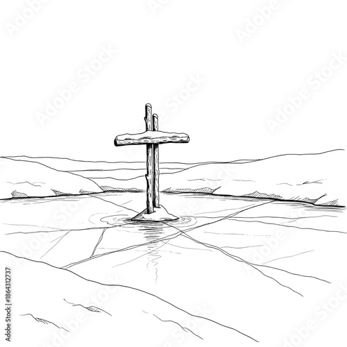 Wooden cross on frozen lake in line art style for Theophany baptism celebration visuals