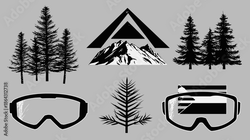 Outdoor winter adventure design elements with mountain peaks, pine trees, fir branches, and ski goggles silhouettes