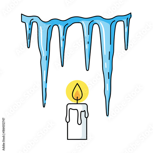 Burning candle under blue icicles in colorful icon style for Theophany winter symbolism