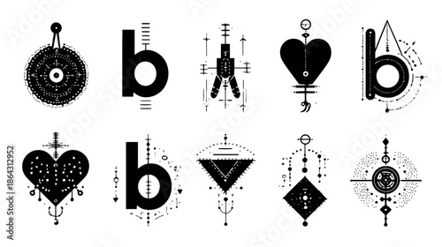 Abstract black and white geometric vector icons set with esoteric, mystical, and sacred geometry elements, modern logo design templates.