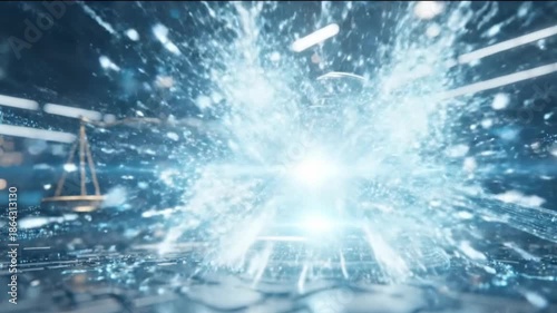 Holographic Digital Judge Gavel Made Of Blue Glowing Lines And Particles Floating In Futuristic Cyberspace	
